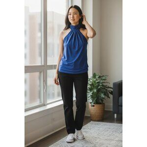 V.1 Couture Shirt Womens Small Blue Halter Mock Neck Open Back Blouse Top